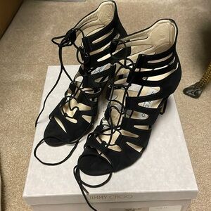 Jimmy Choo Hitch 100 Mirrored Lace Up Cage Heels Black Size EU 38.5 Gladiator